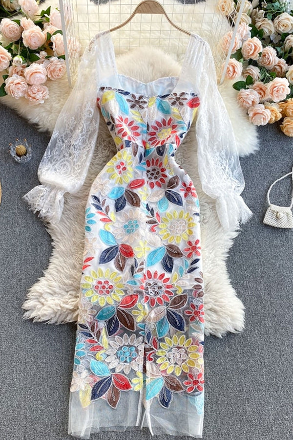 Midi Dress, Boho Vintage Dress, Embroidered Dress, Magnolia in White - Wild Rose Boho