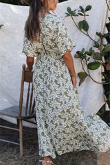 Maxi Dress, Boho Dress, Sundress, Wild Floral Vintage Oroslavje in Moss Green - Wild Rose Boho