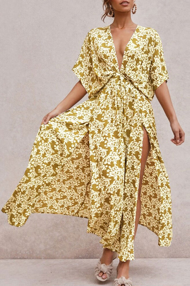 Maxi Dress, Boho Dress, Sundress, Wild Floral Vintage Oroslavje in Yellow Mustard - Wild Rose Boho