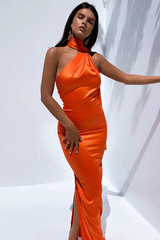 Boho Satin Party Dress, Halter Maxi Backless Dress, Louis in Orange, Green and Black