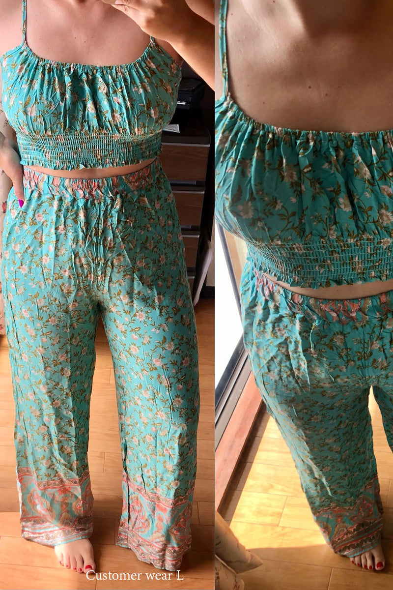 Boho 2 Piece Set, Matching Crop Top and Pant, Wild Floral in Mint Green - Wild Rose Boho