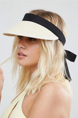 Boho Hat, Sun Hat, Beach Hat, Shade Visor Beige Straw Cap Black Ribbon - Wild Rose Boho