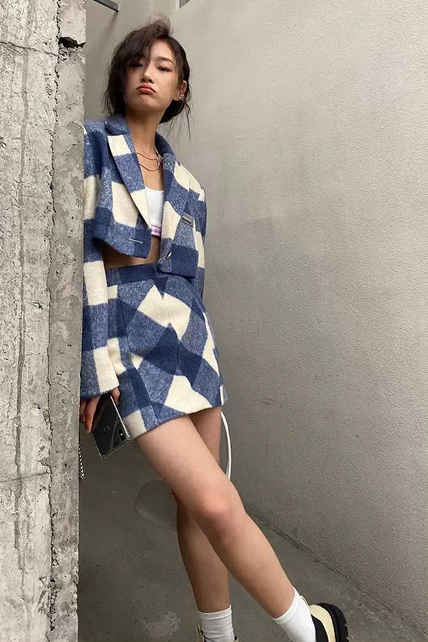 Autumn Two Piece Set, Matching Wool Plaid Jacket and Mini Skirt, Vintage Winter Blue Ivy