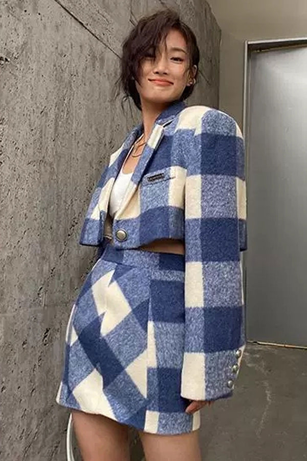 Autumn Two Piece Set, Matching Wool Plaid Jacket and Mini Skirt, Vintage Winter Blue Ivy