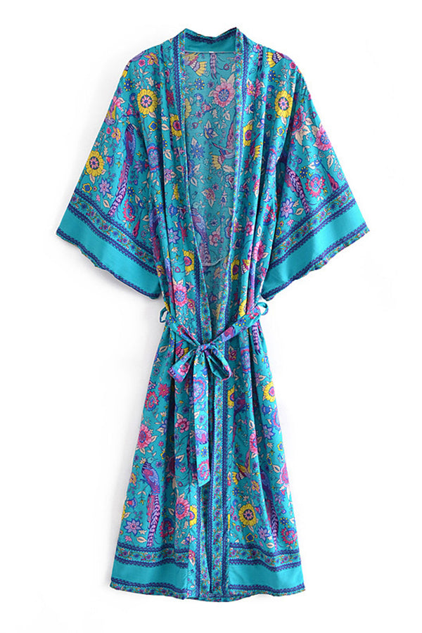 Boho Robe, Kimono Robe,  Beach Cover up, Blue Sea Peony Bird