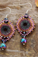 Boho Earrings, Dangle Earrings, Crystal Beads Lava Purple Stone - Wild Rose Boho
