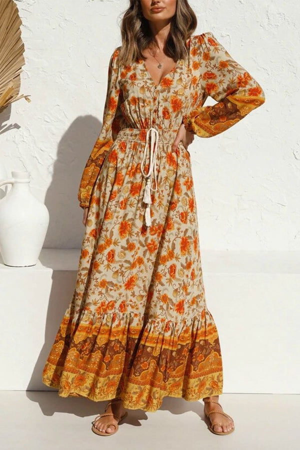 Maxi Dress, Boho Dress, Gown, Floral and Sand in Orange - Wild Rose Boho