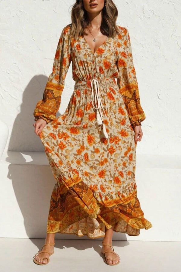 Maxi Dress, Boho Dress, Gown, Floral and Sand in Orange - Wild Rose Boho