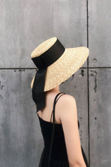 Boho Hat, Sun Hat, Beach Hat, Wide Brim Straw Hat, Vintage Big Black Ribbon - Wild Rose Boho