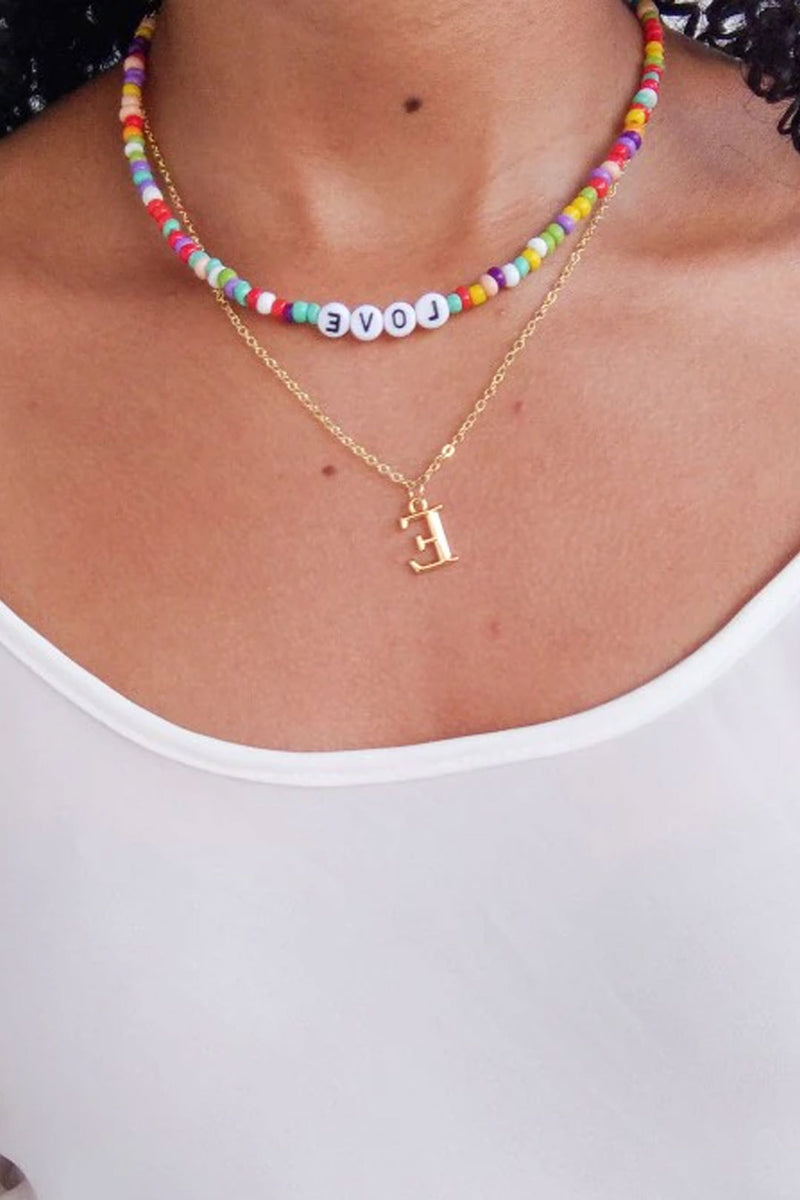 Boho Personalized Custom Necklace, Seed Bead 2 Layered Choker, Love Lucky Happy