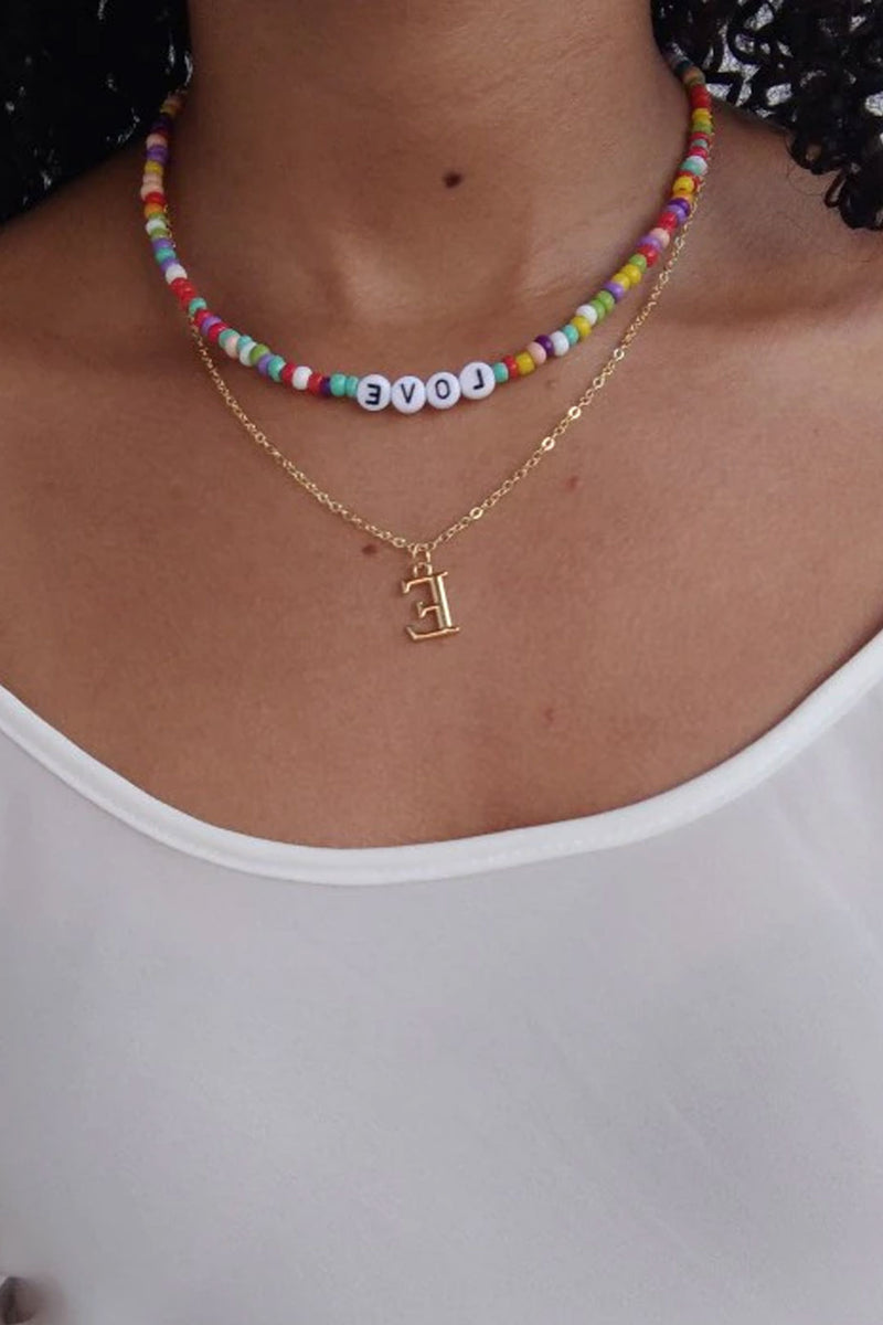 Boho Personalized Custom Necklace, Seed Bead 2 Layered Choker, Love Lucky Happy