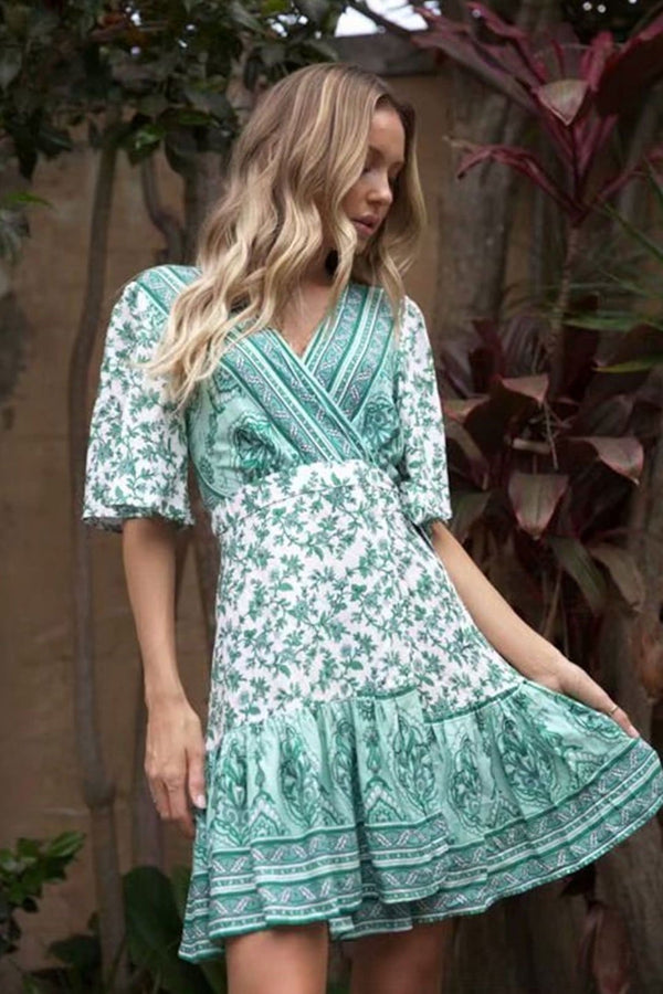 Mini Dress, Boho Dress, Sundress, Wrap dress, Wild Floral Fresh Green Mint - Wild Rose Boho