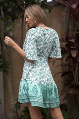Mini Dress, Boho Dress, Sundress, Wrap dress, Wild Floral Fresh Green Mint - Wild Rose Boho