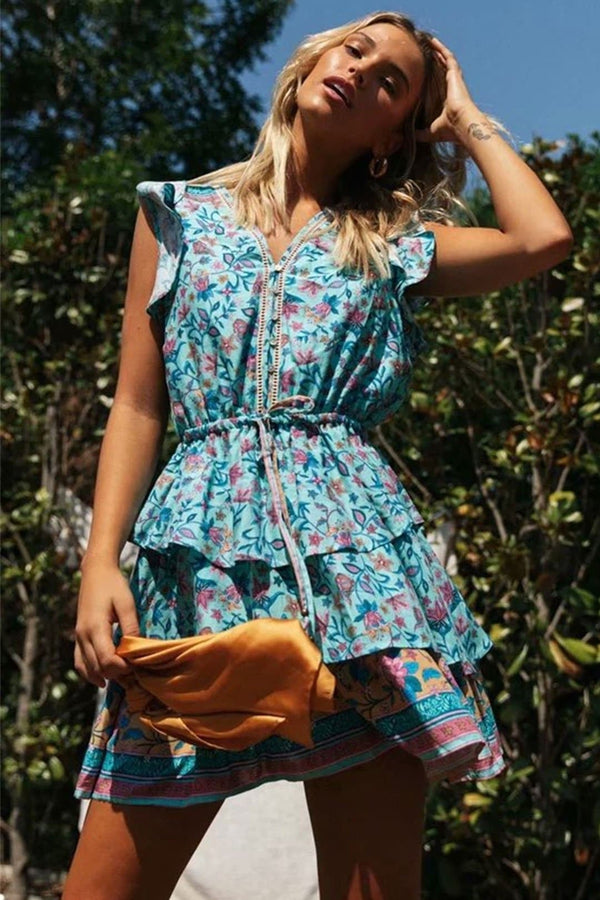 Mini Dress, Boho Dress, Sundress, Raffle, Wild Floral Fresco in Blue - Wild Rose Boho