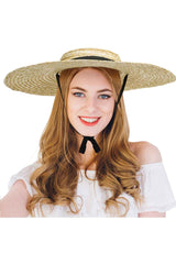 Boho Hat, Sun Beach Hat, Wide Brim Straw Hat 12 cm, Flat Top Black, White Ribbon