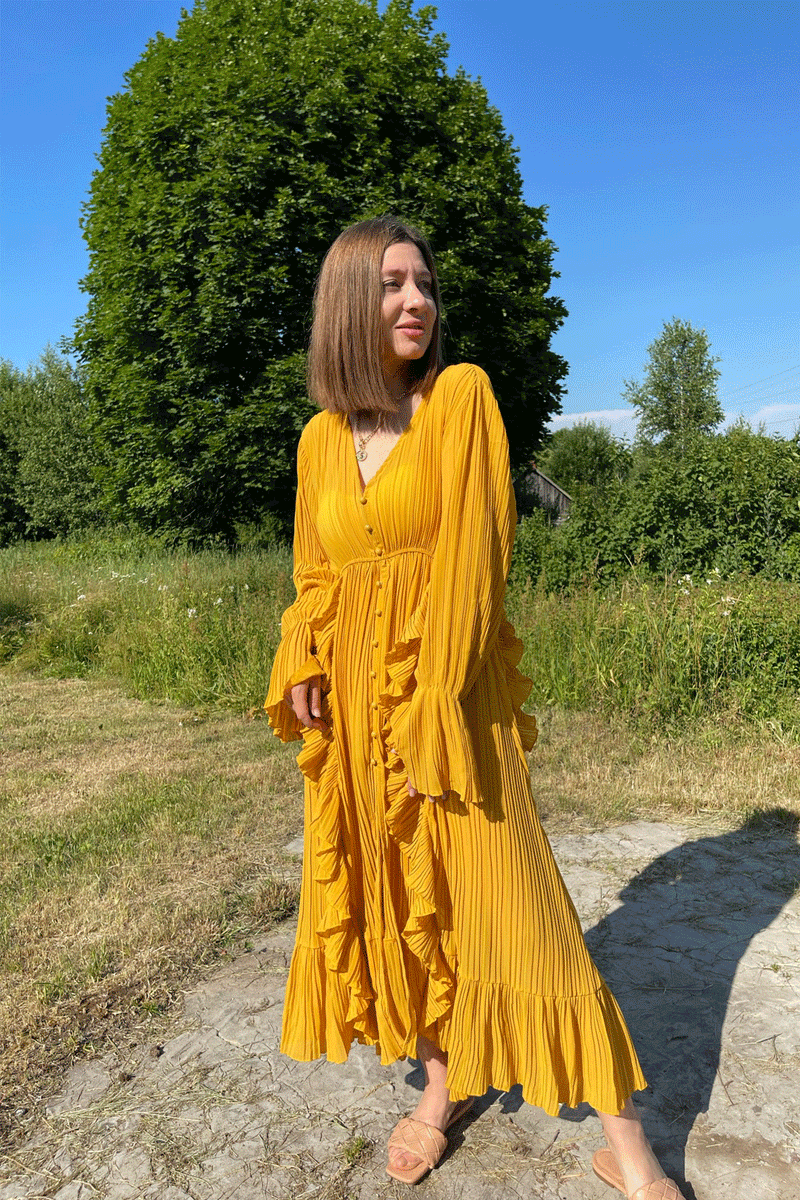 Maxi Dress, Boho Vintage Pleated Dress, Josephine Gown in Blue, Yellow, Orange and Pink