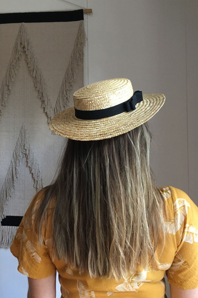 Boho Hat, Sun Hat, Beach Hat, Wide Brim Straw Hat 9 cm, Black Ribbon - Wild Rose Boho