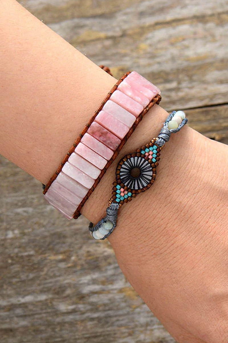 Boho Bracelet, Leather Wrap Bracelet, Tube Natural Pink Stone - Wild Rose Boho