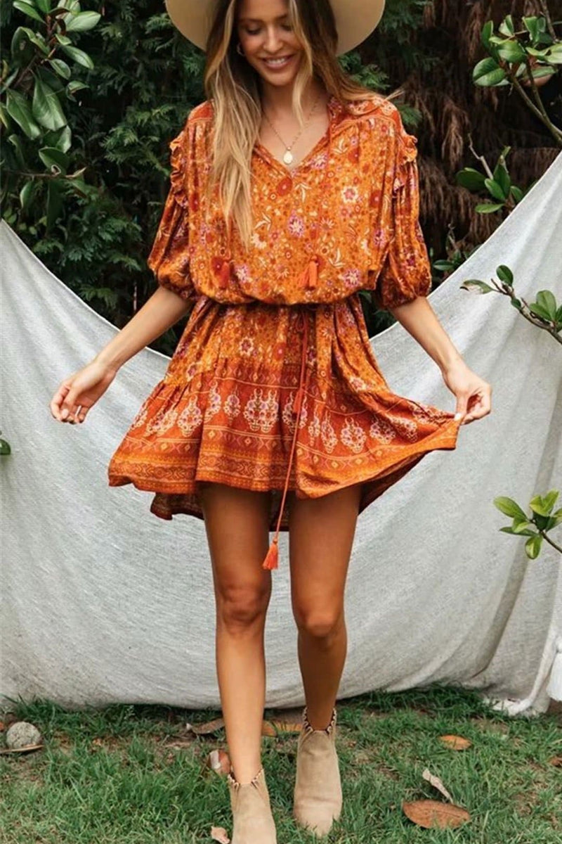 Boho Mini Dress, Sundress, Wild Floral in Indian Spice Orange / L Boho Mini Dress, Sundress, Wild Floral in Indian Spice Orange / L