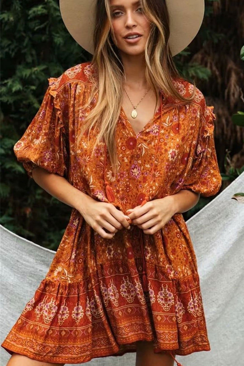 orange boho dress Boho Mini Dress, Sundress, Wild Floral in Indian Spice orange / L