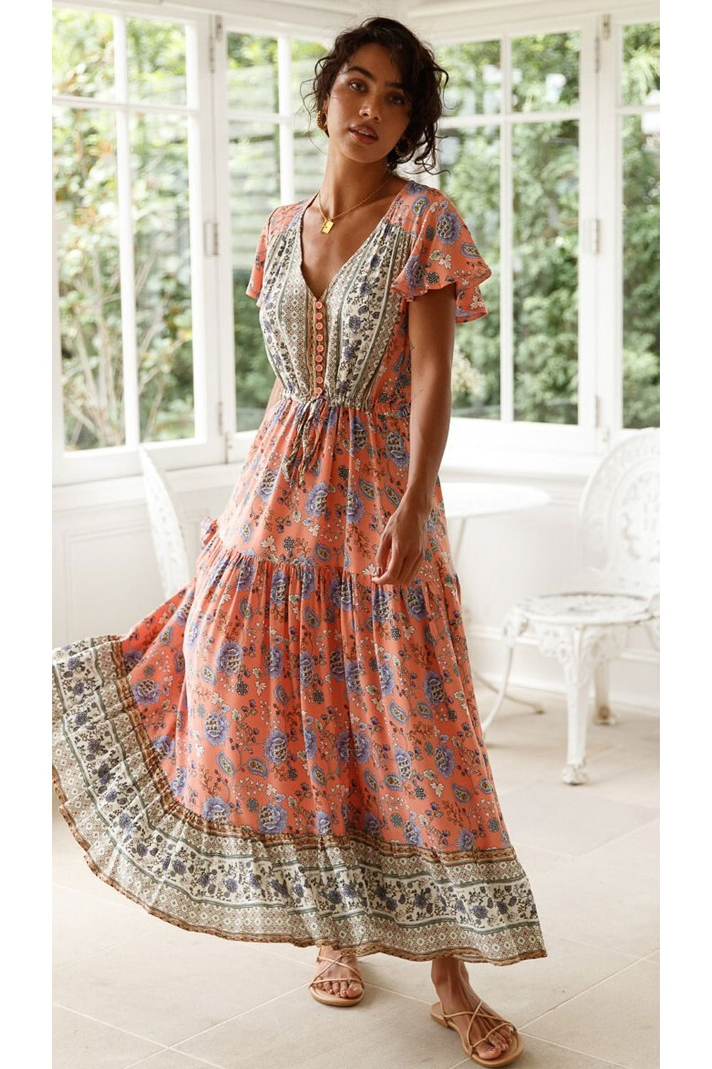 Boho Sundress – “Pink Calla” Lightweight Maxi Dress in Soft Blue Floral Light Pink / S