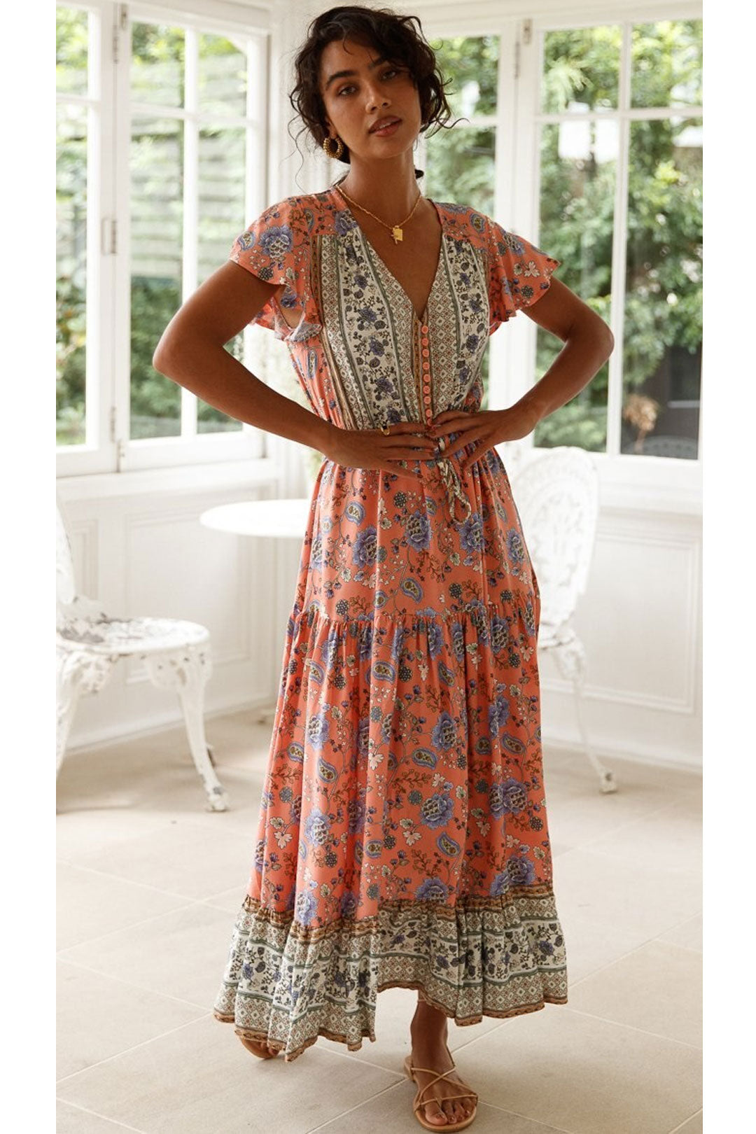 Boho Sundress – “Pink Calla” Lightweight Maxi Dress in Soft Blue Flora ...