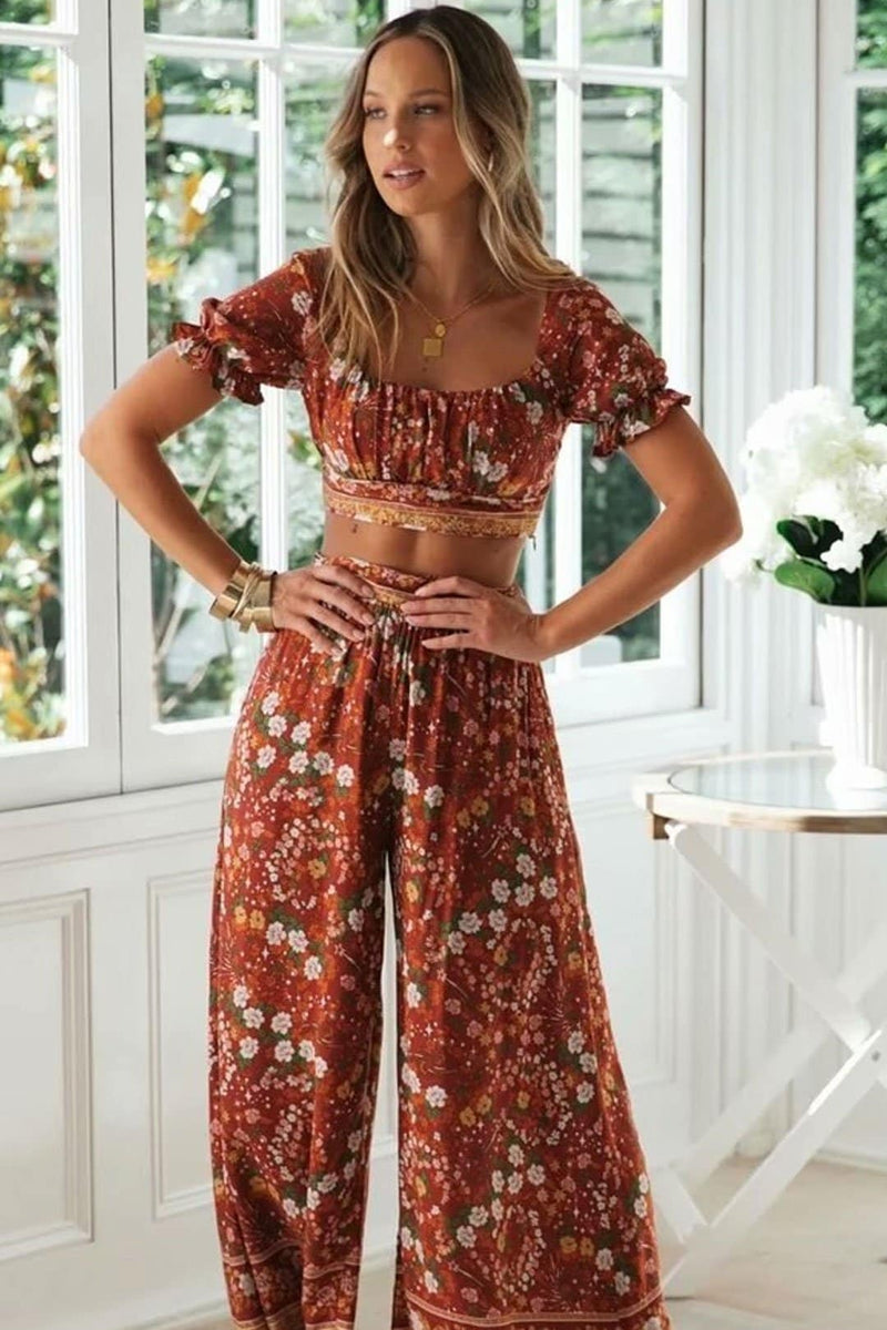 Boho Two Piece Set, Two Piece Pants Set, Wild Floral in Sienna