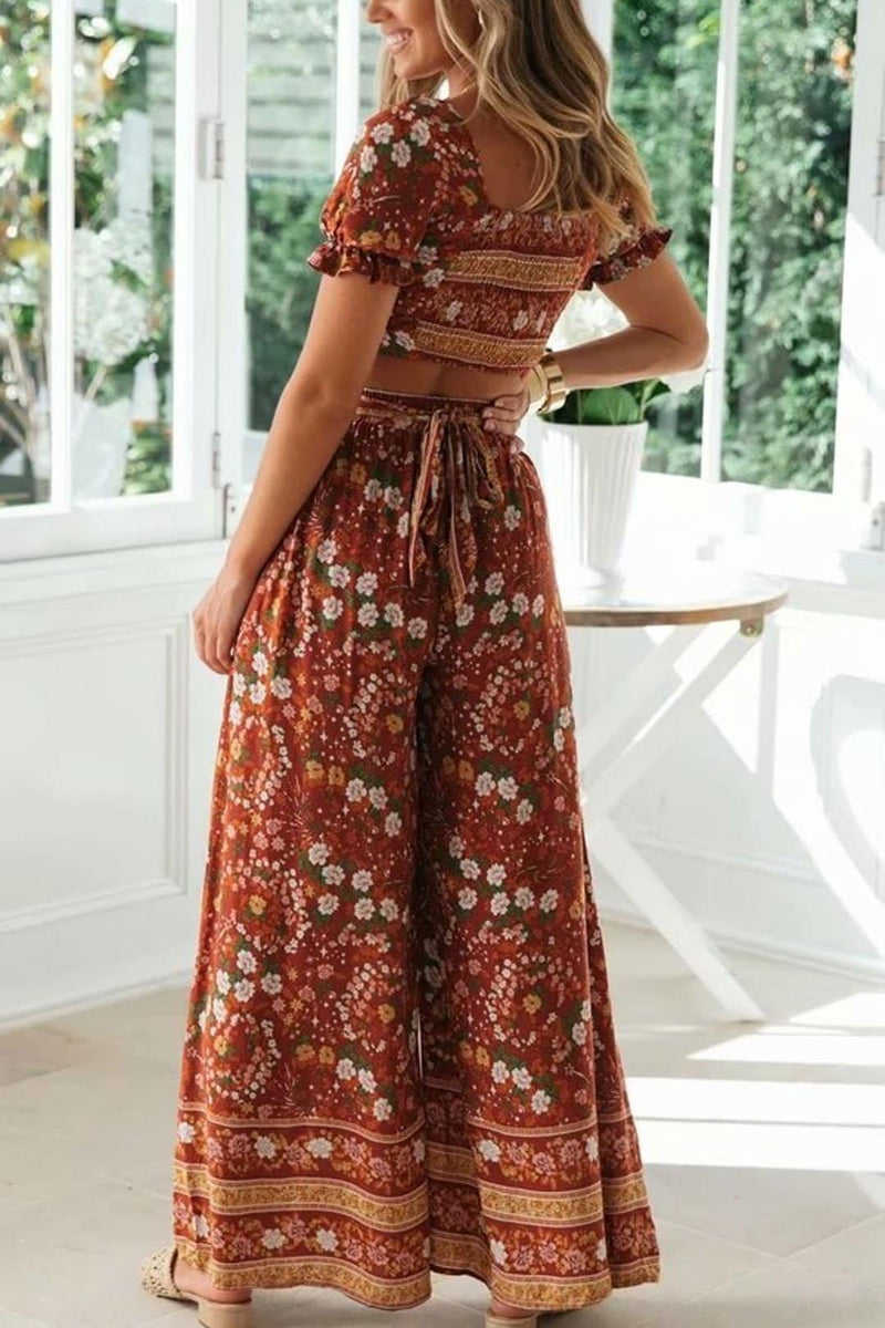 Boho Two Piece Set, Two Piece Pants Set, Wild Floral in Sienna
