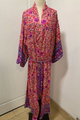 Boho Robe, Kimono Robe,  Beach Cover up, Little Flower Fuchsia Pink