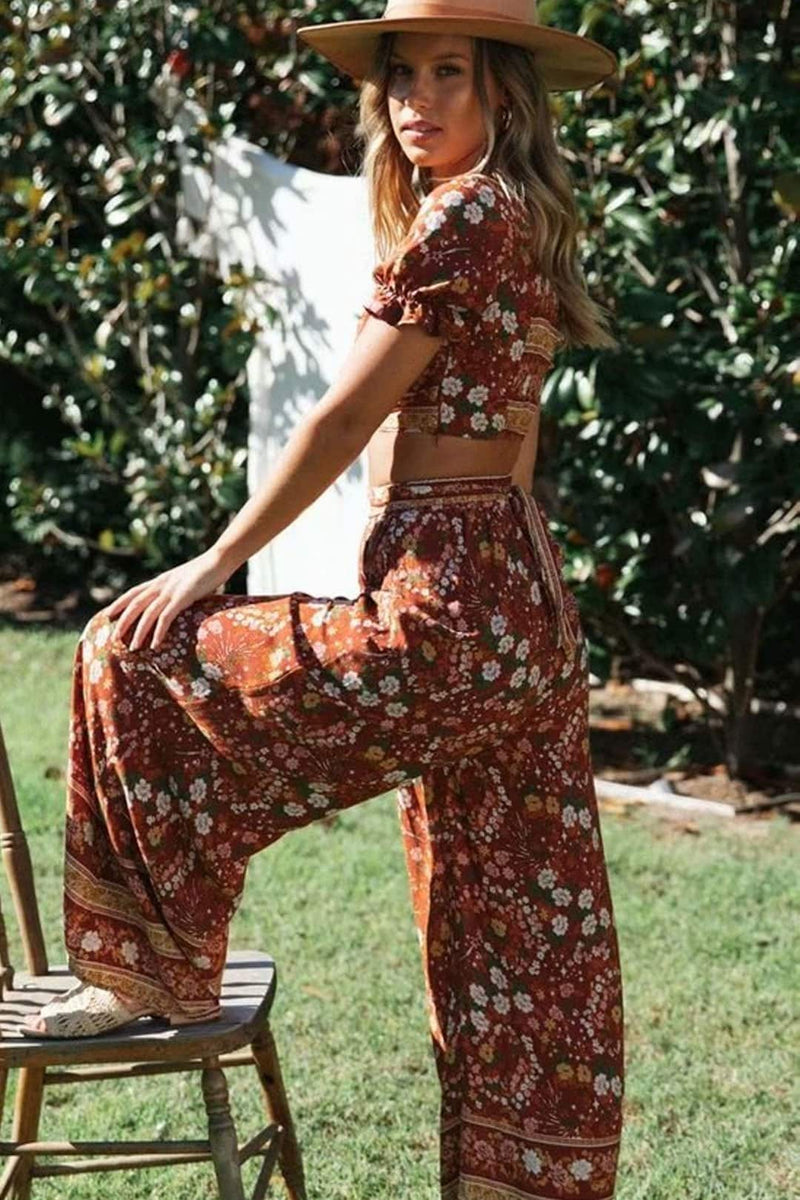 Boho Two Piece Set, Two Piece Pants Set, Wild Floral in Sienna Brown