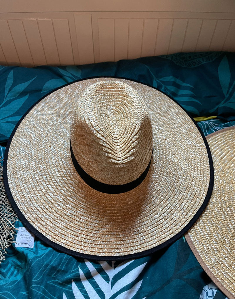 Boho Hat, Sun Hat, Beach Hat, Wide Brim Straw Hat,  Beige and Black Ribbon