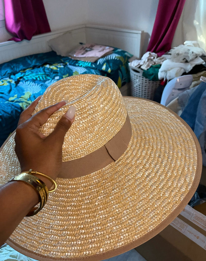 Boho Hat, Sun Hat, Beach Hat, Wide Brim Straw Hat,  Beige and Black Ribbon