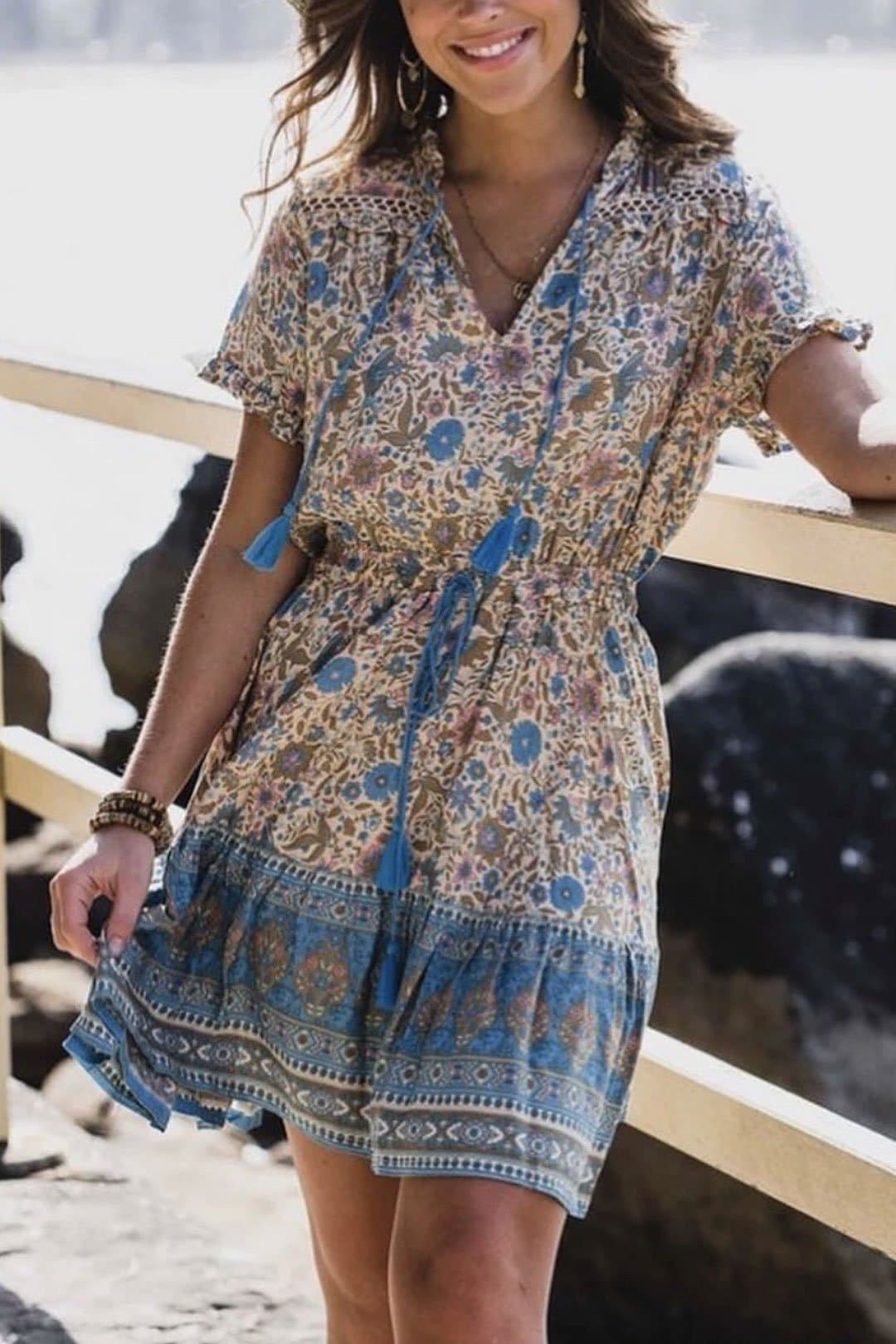 Boho Mini Dress, Sundress, Tunic Dress, Indian Flower in Pink, and Bla ...