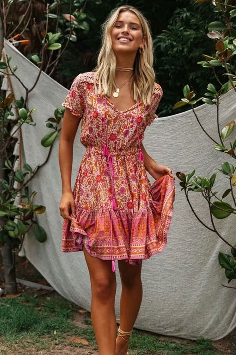 Boho Mini Dress, Sundress, Tunic Dress, Indian Flower in Pink, and Black Pink / M Boho Mini Dress, Sundress, Tunic Dress, Indian Flower in Pink, and Black Pink / M