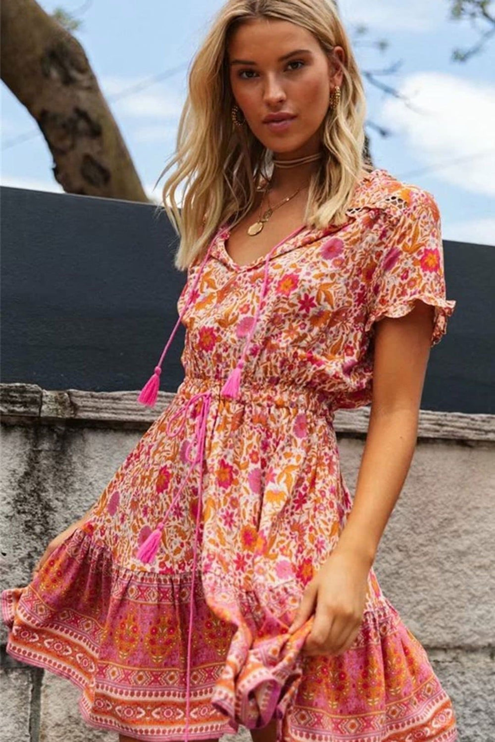 Boho Mini Dress, Sundress, Tunic Dress, Indian Flower in Pink, and Black pink / M