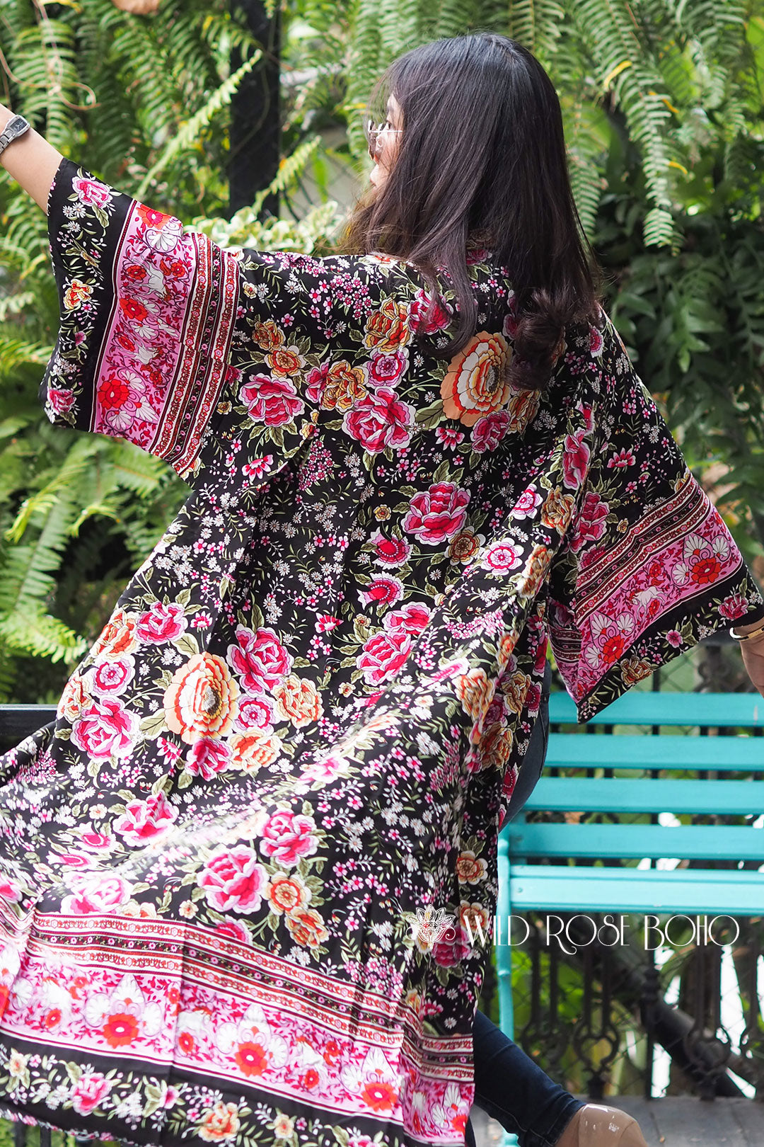 Bohemian Robe – “Rosa Pink Black Midnight” Kimono Cover-Up for Beach o ...