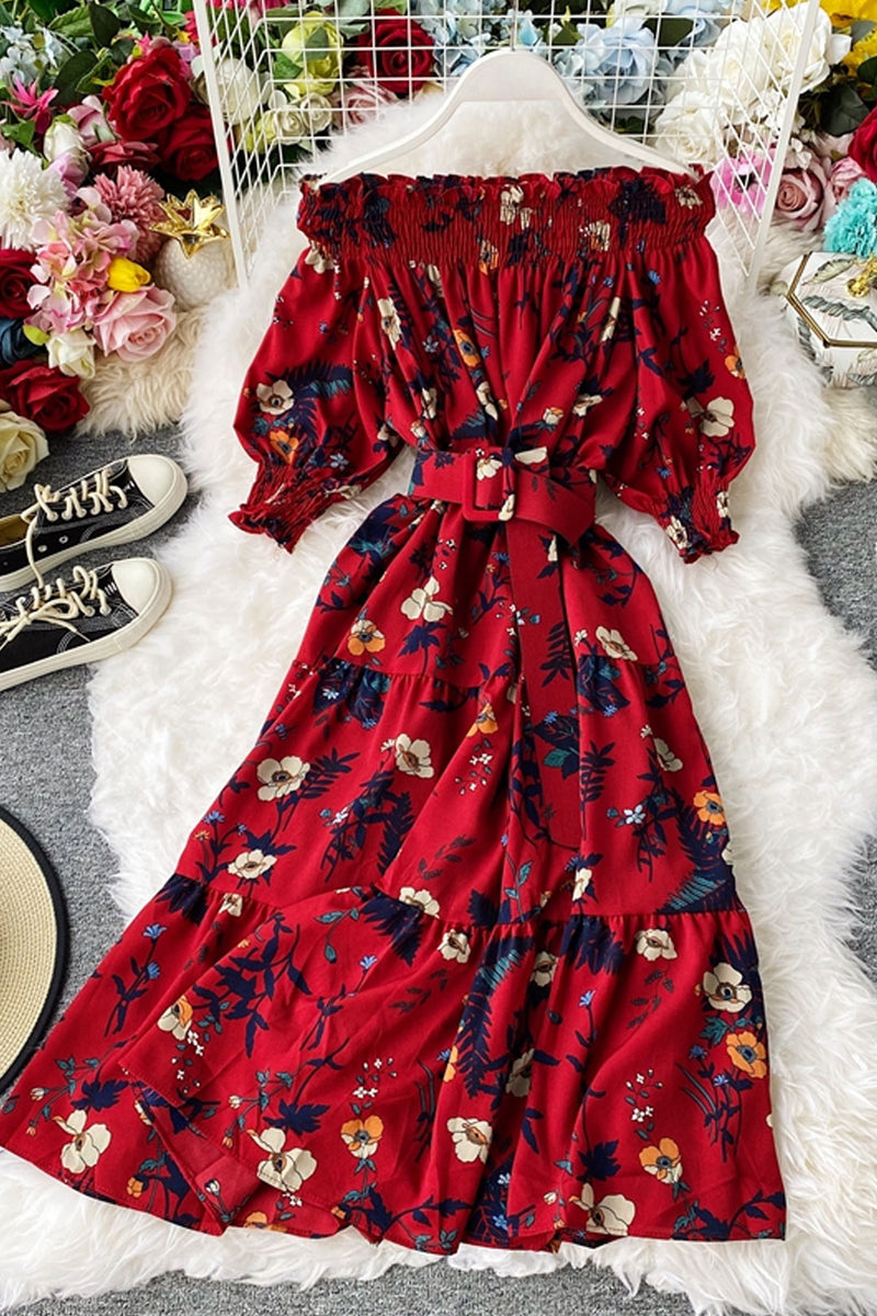 Midi Dress, Boho Vintage Dress, Off Shoulder Dress, Poppy in Blue and Red - Wild Rose Boho