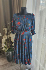 Midi Dress, Boho Vintage Dress, Off Shoulder Dress, Poppy in Blue and Red - Wild Rose Boho