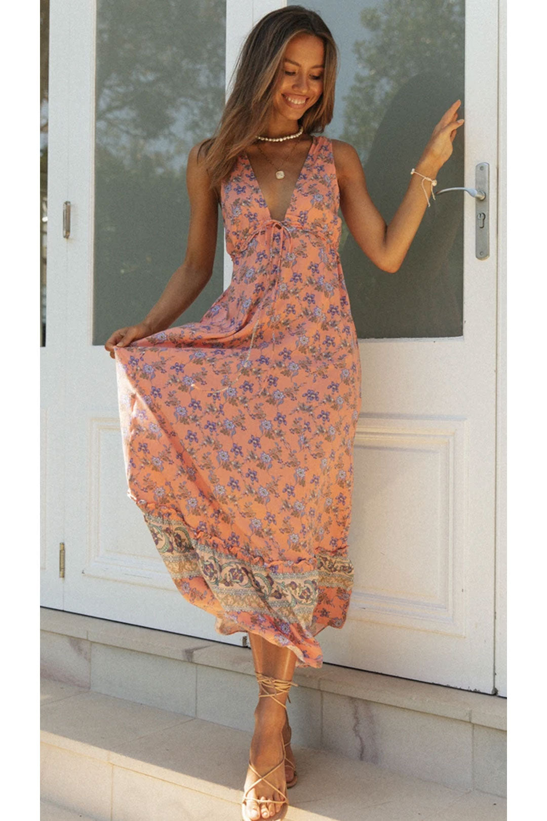 Boho Maxi Dress, Sundress, Pink Blue Morning Glory – Wild Rose Boho