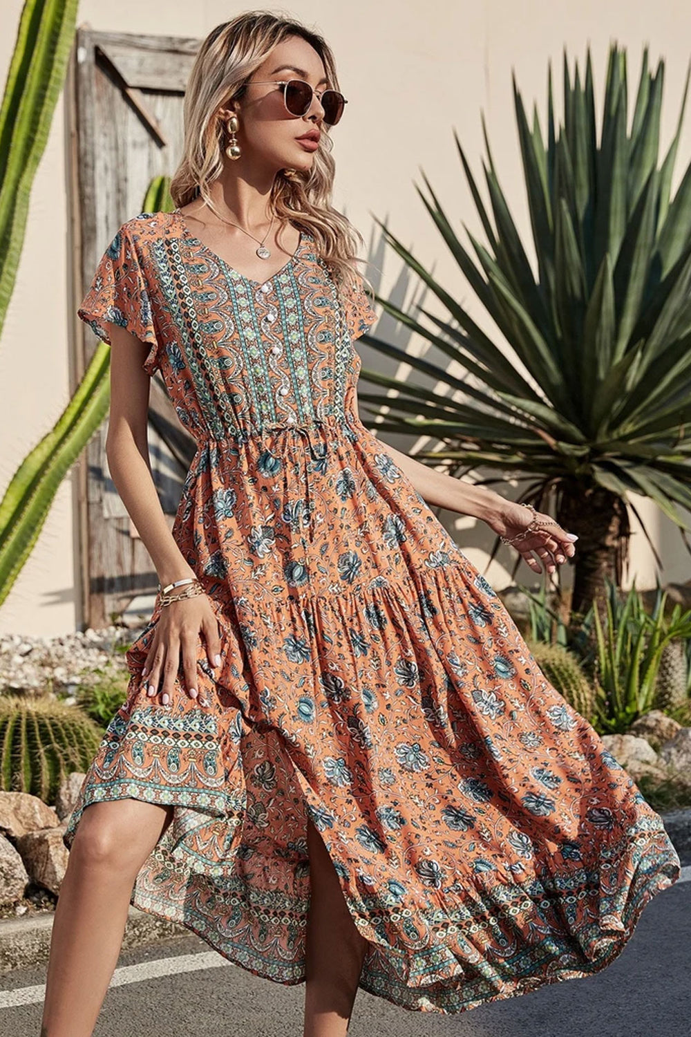 chinese dress ladies Ladies Frilly Shirred Bodice Open Back Tiered Maxi Dress