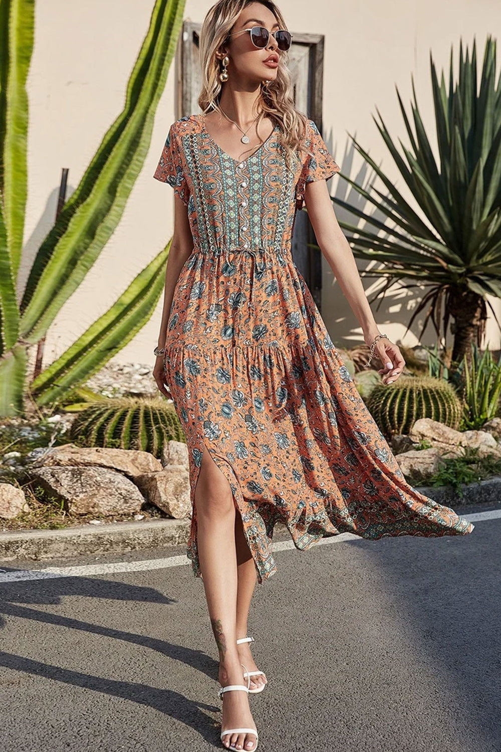 Boho Sundress – “Pink Calla” Lightweight Maxi Dress in Soft Blue Flora – Wild Rose Boho