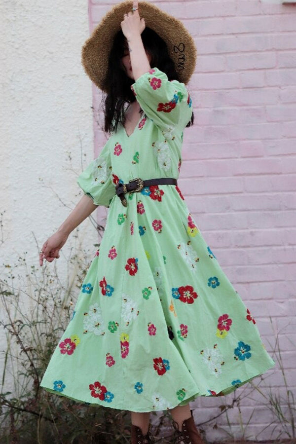 Maxi Dress, Boho Dress, Embroidered Dress, Vintage Green Garden - Wild Rose Boho