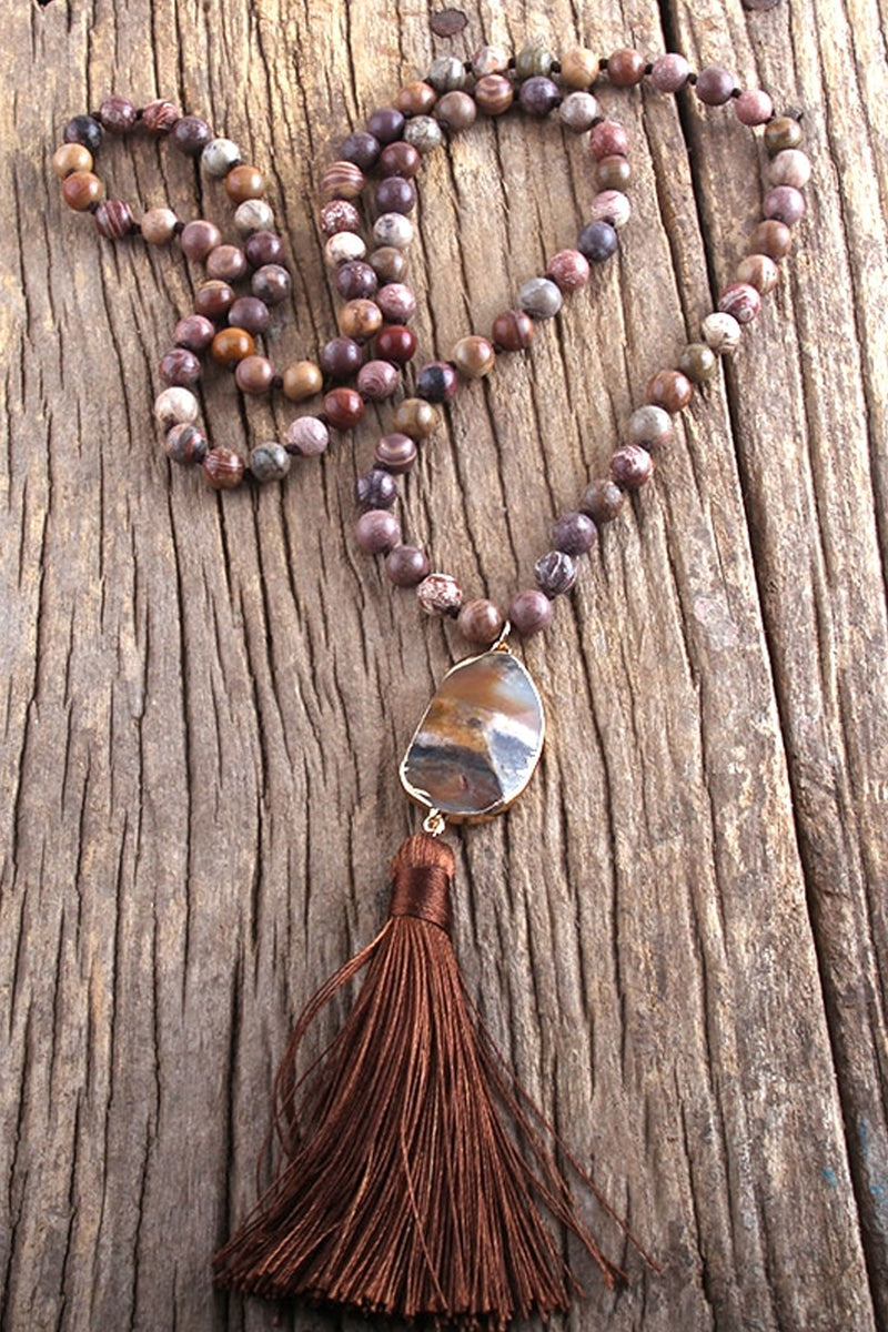 Boho Necklace, RH Rose Quart Amazonite, Oval Tassel Pink Natural Stone - Wild Rose Boho