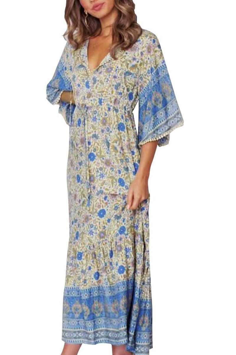 Midi Dress, Boho Dress, Sundress, Kaftan Dress, Indian Flower in Blue - Wild Rose Boho