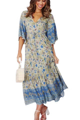 Midi Dress, Boho Dress, Sundress, Kaftan Dress, Indian Flower in Blue - Wild Rose Boho