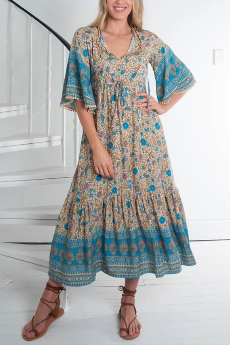 Boho Midi Dress, Sundress, Kaftan Dress, Indian Flower in Blue – Wild ...