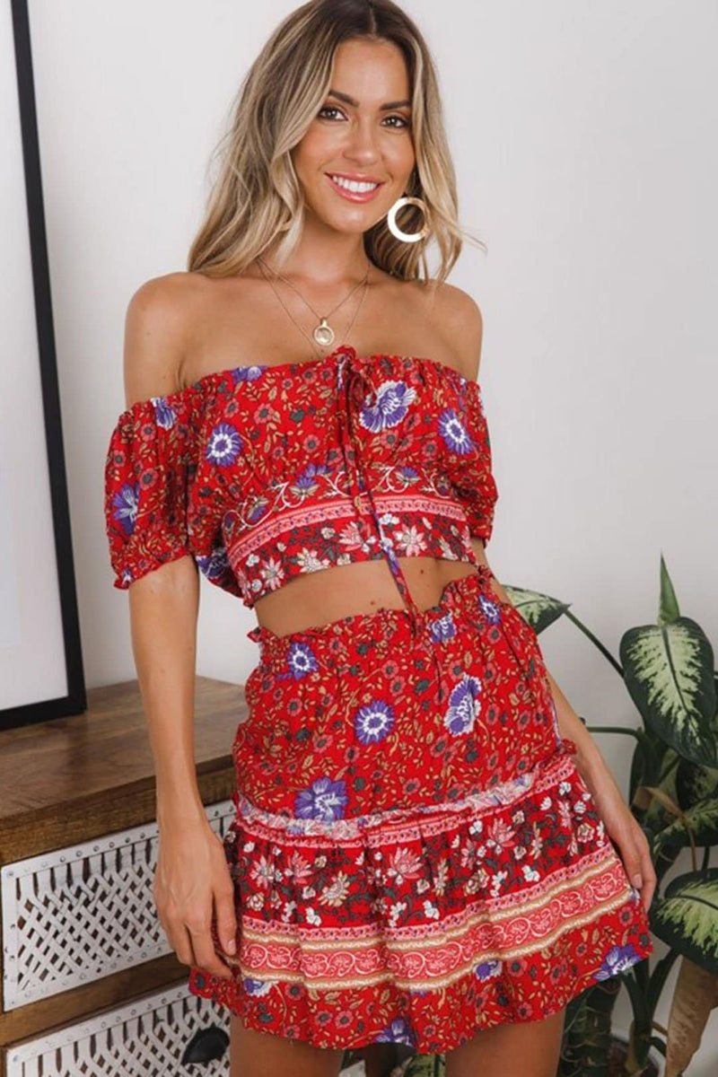 Boho 2 Piece Set, Matching Crop Top and Mini Skirt, Wild Floral in Red - Wild Rose Boho