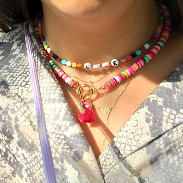 Boho Personalized Custom Necklace, Geometric Beads Choker, Rich Love Lucky Happy