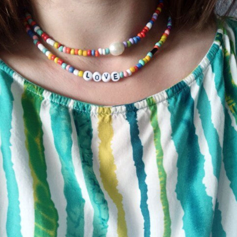 Boho Personalized Custom Necklace, Beads 2 Layered Choker, Pearl Rich Love Lucky Happy