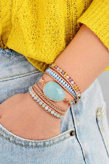 Boho Bracelet, 5 Layers Leather Wrap Bracelet, Handmade Natural Blue Stone Crystal - Wild Rose Boho